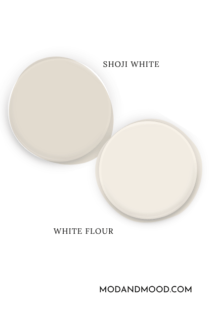 Sherwin Williams Shoji White swatched beside a paint dot of coordinating color White Flour