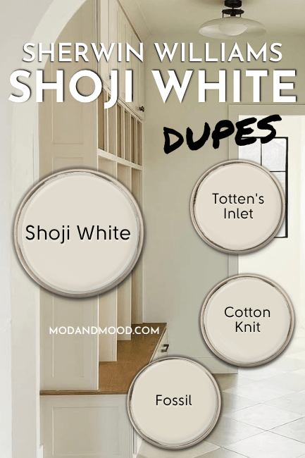Sherwin Williams Shoji white on cabinets with swatches of shoji White and dupes Totten's inlet, Cotton Knit, and fossil over top.