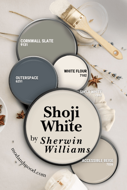 Sherwin Williams shoji white in a color palette with the coordinating colors from the article over a white background with candles and lavender