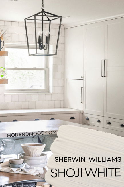 Sherwin Williams Shoji White on kitchen cabinets with a satch of the color over top