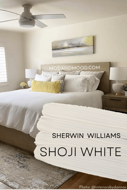 Sherwin Williams Shoji White swatched over a bedroom in the color