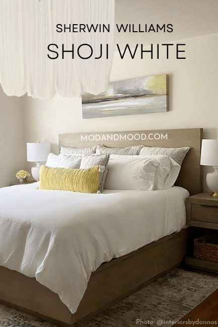 Swatch of Shoji White over a photo of the color on a wall in a bedroom