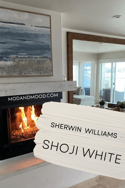 Swatch of Shoji White over a photo of the color where it looks more gray than normal but it is still warm in a living room.