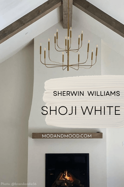 Swatch of Sherwin Williams Shoji White over a photo of the color on a wall