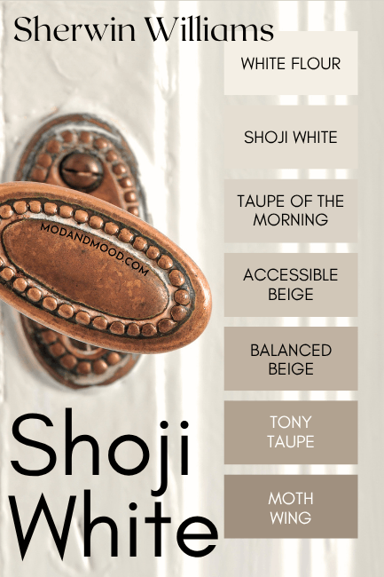 Sherwin Williams Shoji White in a light to dark color strip. Shades are White Flour, Shoji White, Taupe of the Morning, Accessible Beige, Balanced Beige, Tony Taupe, and Moth Wing.