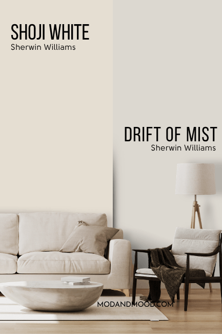 Sherwin Williams Shoji White on half of a wall and Drift of Mist on the other half behind a linen sofa