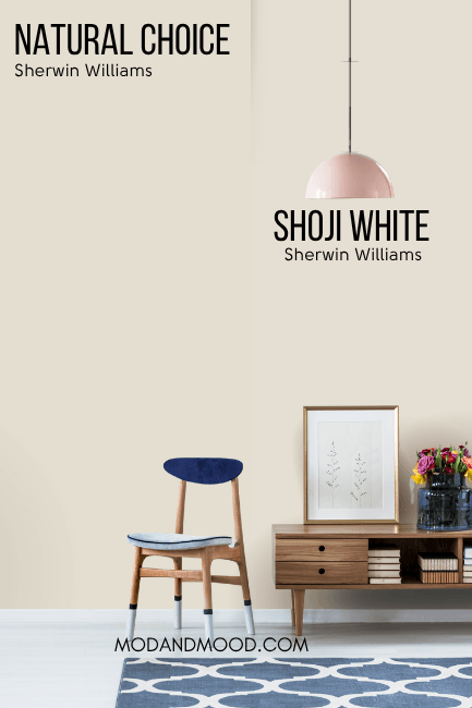 Sherwin Williams Natural Choice on half of a wall and Shoji White on the other half behind a console table.