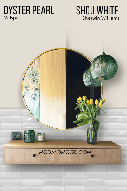 Valspar Dupe Oyster Pearl on half of a wall and Sherwin Williams Shoji White on the other half behind a round mirror and wood vanity.