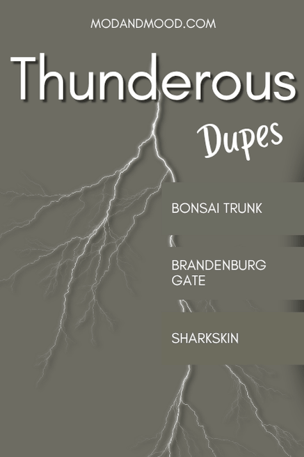 Background in Sherwin Williams Thunderous with swatches of dupes over top. Colors are Bonsai Trunk, Brandenburg Gate, and Sharkskin. 