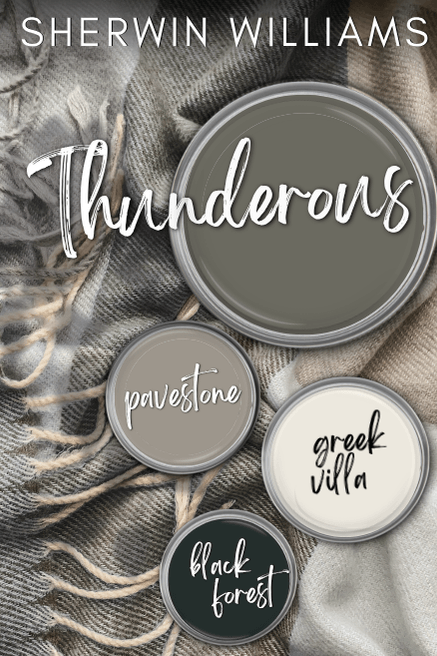Thunderous on a paint can lid over a dark background with a fringey blanket and other paint colors