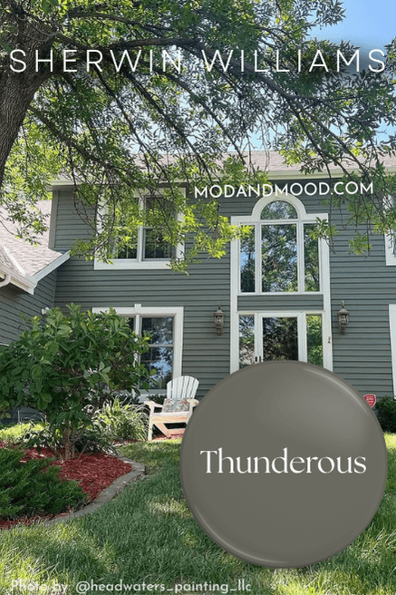 Swatch of Sherwin Williams Thunderous over a photo of the color on exterior siding.