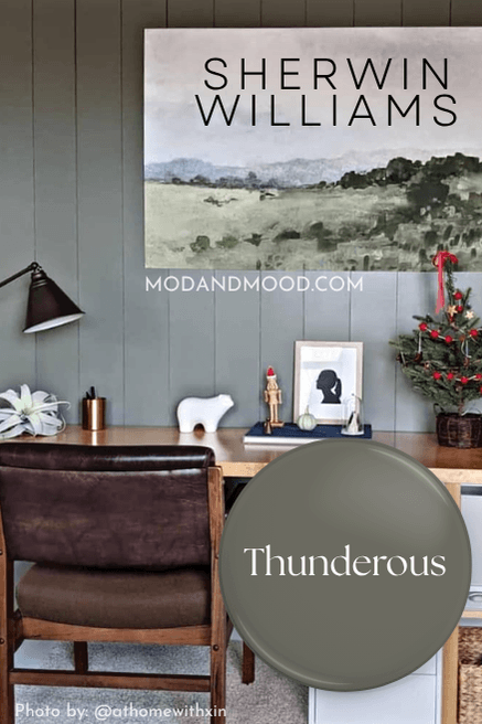 Swatch of Sherwin Williams Thunderous over a photo of the color on a shiplap wall behind a wood desk.