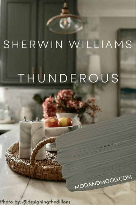 Swatch of Sherwin Williams Thunderous over the color on cabinets