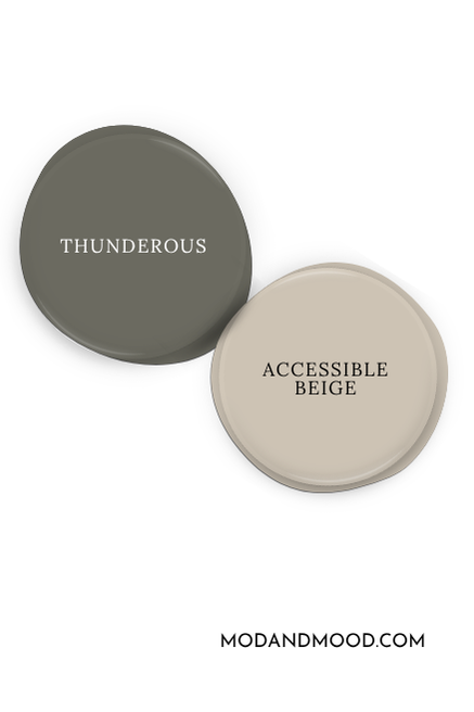 Sherwin Williams Thunderous swatched beside coordinating color Accessible Beige