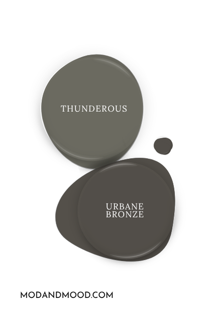 Sherwin Williams Thunderous swatched beside coordinating color Urbane Bronze.