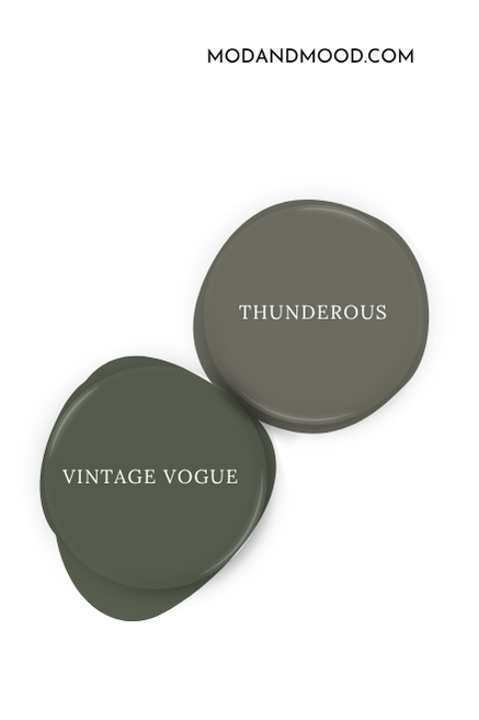 Sherwin Williams Thunderous swatched beside coordinating color Vintage Vogue