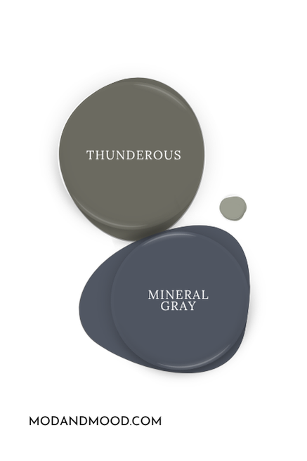 Sherwin Williams Thunderous swatched beside coordinating color Mineral Gray