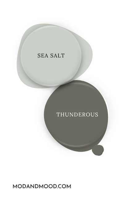 Sherwin Williams Thunderous swatched beside coordinating color Sea Salt