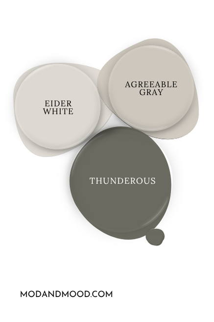 Sherwin Williams Thunderous swatched beside coordinating colors Eider White and Agreeable gray.