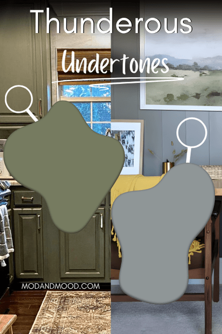 The undertones of Thunderous in different rooms. Left is very green, right is very gray.