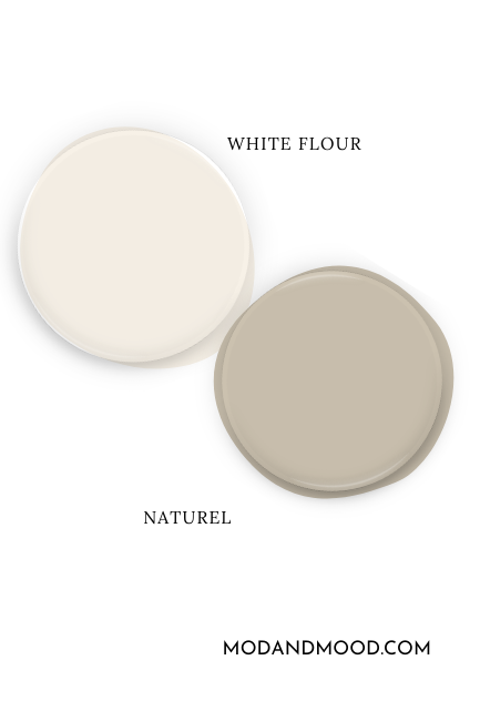 Paint dot of Sherwin williams white flour beside the same of coordinating color Sherwin Williams Naturel.