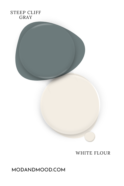Paint dot of Sherwin williams white flour beside the same of coordinating color Steep Cliff Gray.