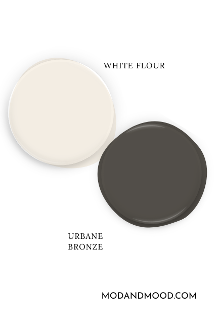 Paint dot of Sherwin williams white flour beside the same of coordinating color Urbane Bronze.