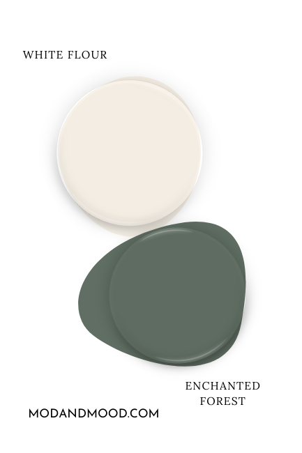 Paint dot of Sherwin williams white flour beside the same of coordinating color Benjamin Moore Enchanted Forest.