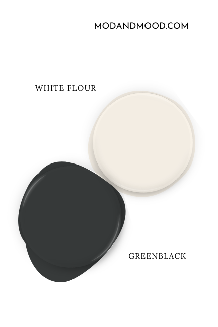 Paint dot of Sherwin williams white flour beside the same of coordinating color Greenblack.