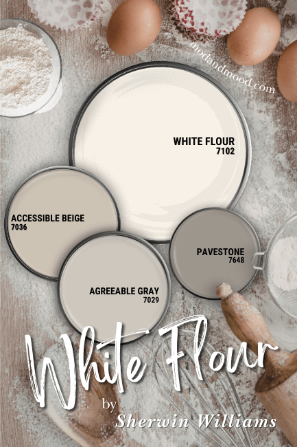 Sherwin williams White Flour in a color palette with accessible beige, Agreeable Gray, and pavestone. Background is a floury countertop with baking supplies.
