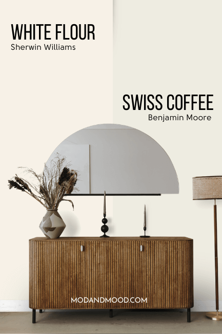 Sherwin williams White flour vs Benjamin moore swiss coffee on walls behind a hall table and half moon mirror.