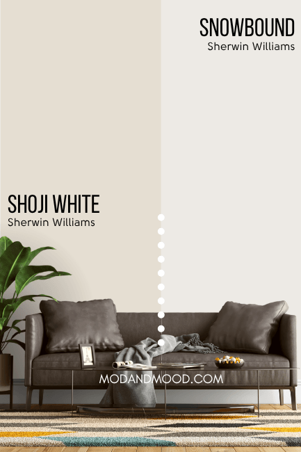 Sherwin Williams Shoji White vs Snowbound each on half of a wall behind a gray sofa.
