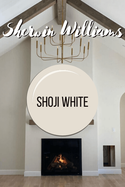 Swiss Coffee alternative from Sherwin Williams: Shoji white on a paint dot in front of a shoji white great room