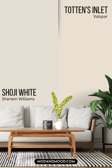 Shoji White on half of a wall and dupe from Valspar Totten's Inlet on the other half