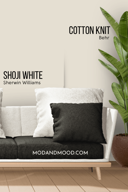 Sherwin Williams Shoji White on half of a wall and Behr dupe cotton knit on the other half behind a white sofa.