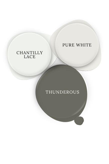 Sherwin Williams Thunderous swatched with Chantilly Lace and Pure White.