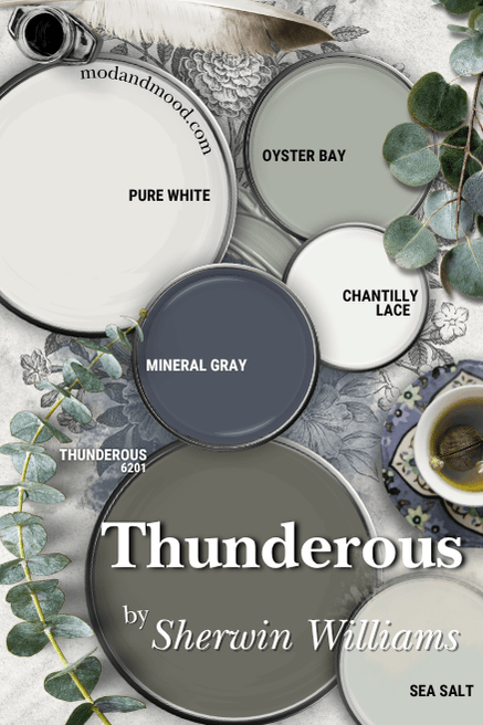 Thunderous in a mostly cool-toned color palette with mineral gray, oyster bay, sea salt, pure white, and chantilly lace.