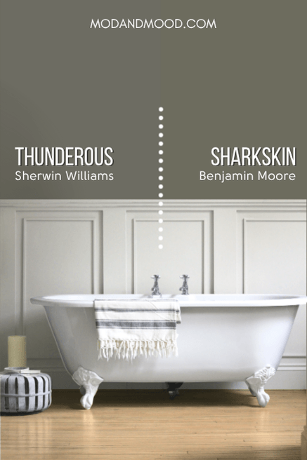 Thunderous vs Sharkskin on a wall in a bathroom above off white wainscoting