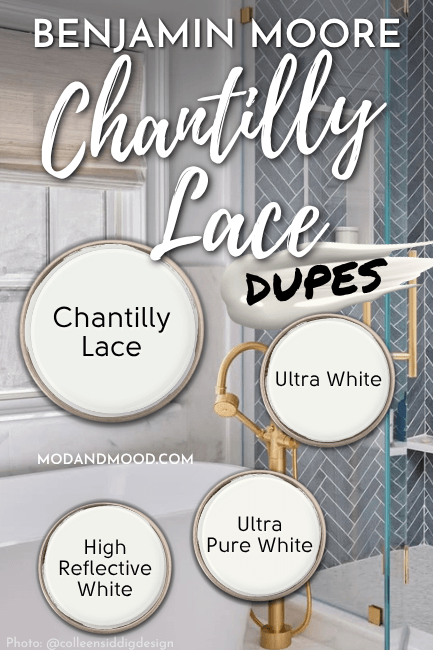 Benjamin Moore Chantilly Lace in a bathroom with swatches of dupes over top from other brands: Ultra White, Ultra Pure White, and High Reflective White.
