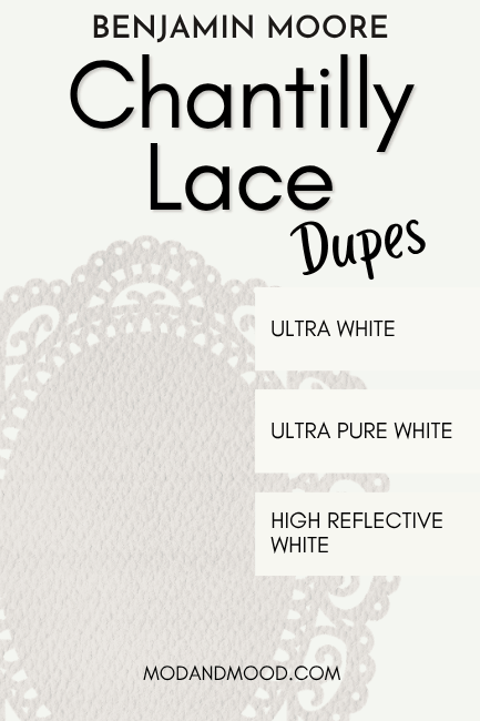 Benjamin Moore Chantilly Lace with dupes swatched over top of Ultra Pure white, Ultra White, and High Reflective White.