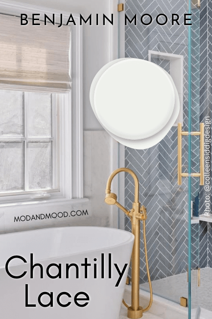 Swatch of Chantilly Lace on walls in a bathroom with blue tile in a glass shower