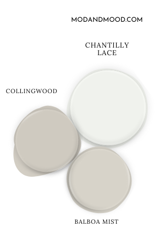 Swatch of Benjamin Moore Chantilly Lace beside coordinating colors Balboa Mist and Collingwood