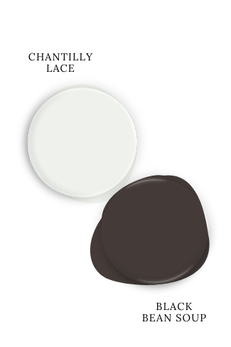 Swatch of Benjamin Moore Chantilly Lace beside coordinating color Benjamin Moore Black Bean Soup.