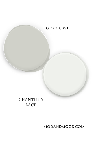 Swatch of Benjamin Moore Chantilly Lace beside coordinating color Gray Owl