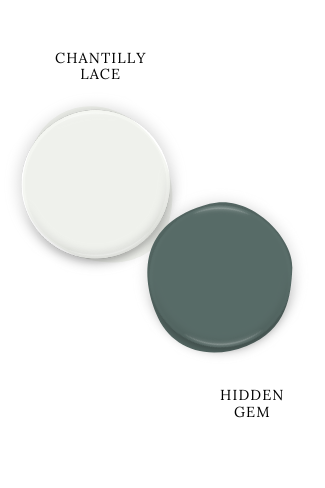 Swatch of Benjamin Moore Chantilly Lace beside coordinating color Behr Hidden Gem