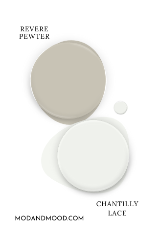 Swatch of Benjamin Moore Chantilly Lace beside coordinating color Revere Pewter