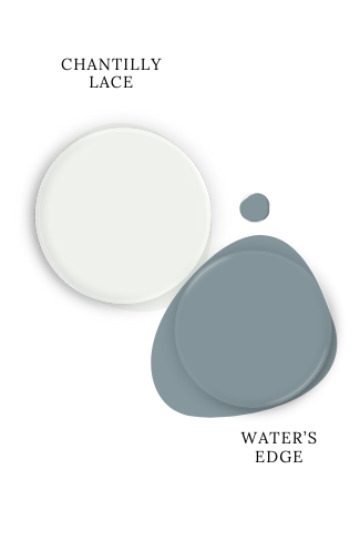 Swatch of Benjamin Moore Chantilly Lace beside coordinating color Water's Edge