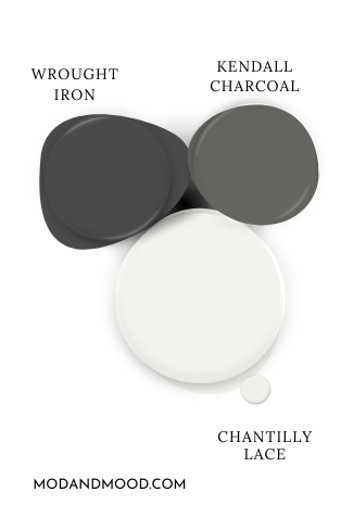 Swatch of Benjamin Moore Chantilly Lace beside coordinating colors Kendall Charcoal and Wrought Iron.