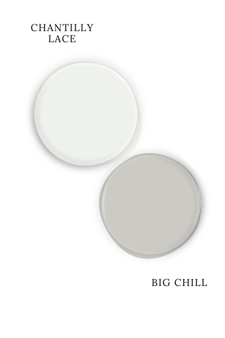 Swatch of Benjamin Moore Chantilly Lace beside coordinating color Big Chill