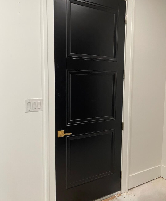 Tricorn Black interior door in hallway with gold hardware